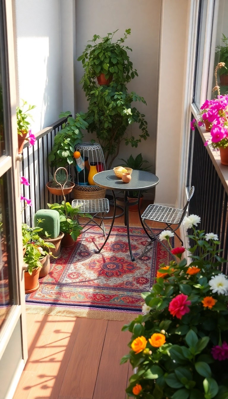 18 Balcony Garden Ideas That Maximize Your Plant Space (Even if You Have a Small Balcony!) - 13. Outdoor Rugs