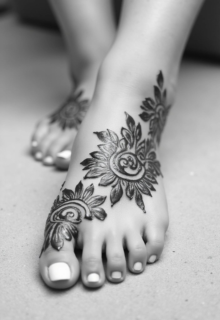 21 Aesthetic Foot Shots Featuring Gorgeous Henna Designs You’ll Want to Capture! - 14. Monochrome Magic