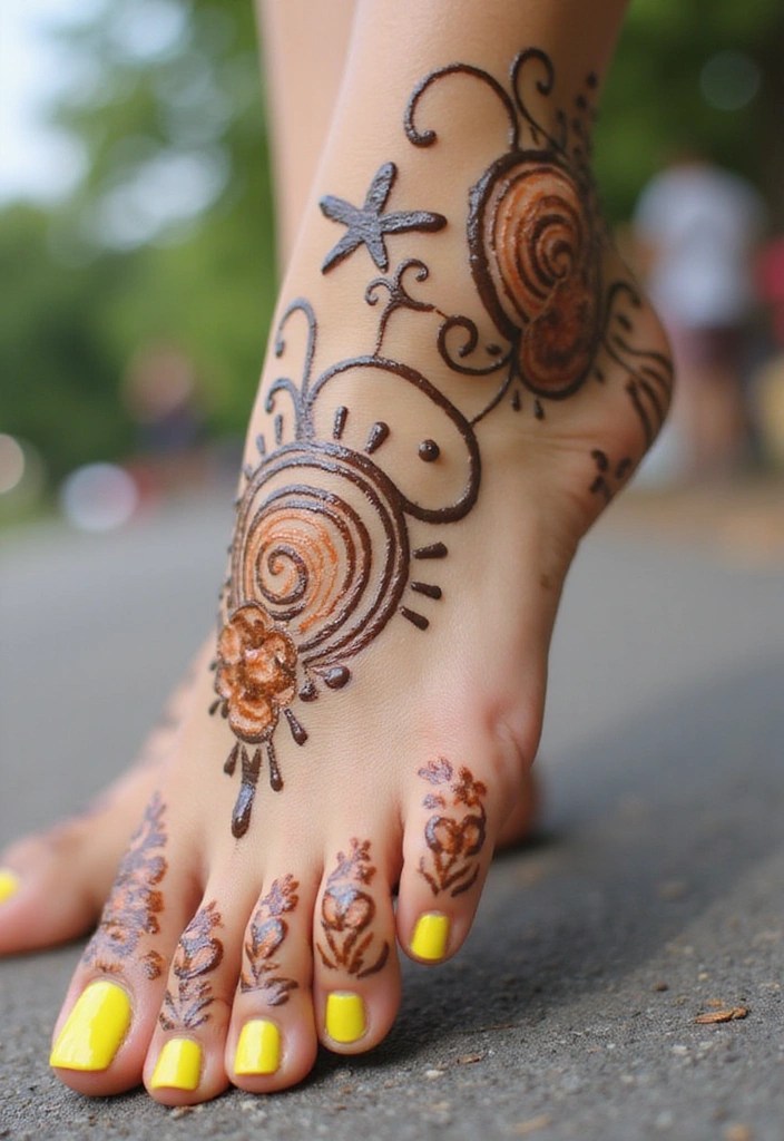 21 Aesthetic Foot Shots Featuring Gorgeous Henna Designs You’ll Want to Capture! - 20. Whimsical Henna and Nail Designs
