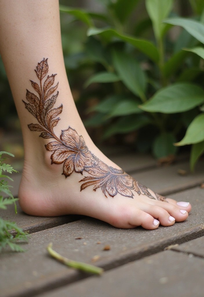 21 Aesthetic Foot Shots Featuring Gorgeous Henna Designs You’ll Want to Capture! - 3. Earthy Tones and Natural Shades